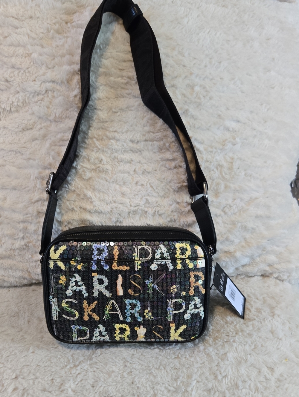 Karl Lagerfeld Black Sequin Crossbody with Multicolor Lettering Nwt $248
